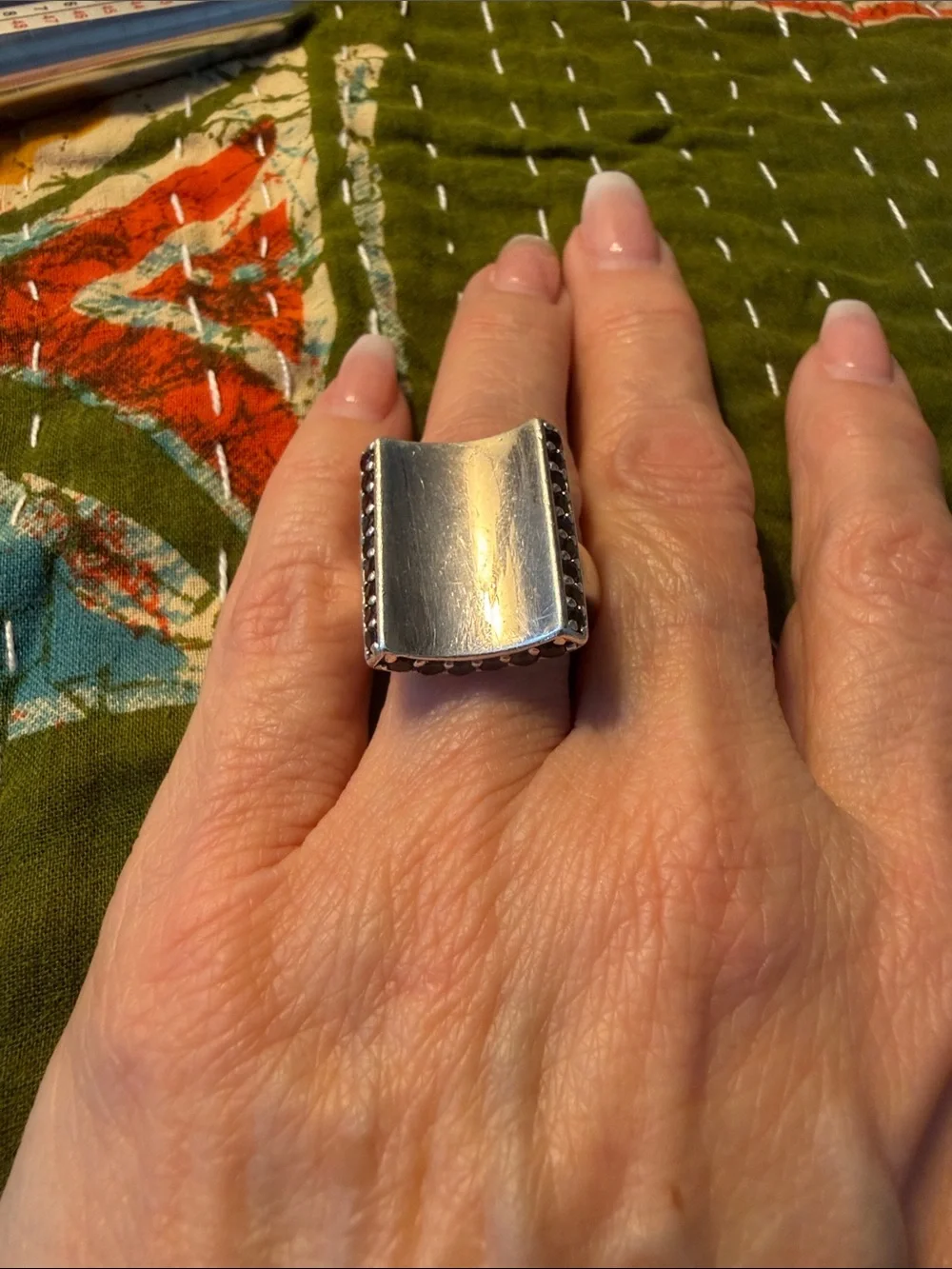 Modern Rectangular Sterling Silver Ring with Garnet Rows On Every Side
